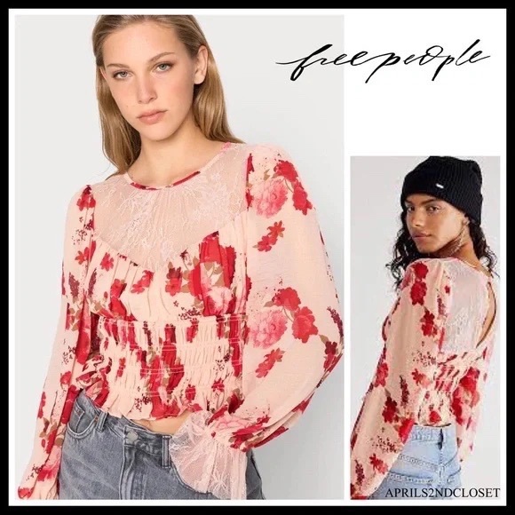 FREE PEOPLE BOHO BLOUSE FLORAL FESTIVAL PRINT LONG SLEEVES CROP TOP A3C - Picture 9 of 9